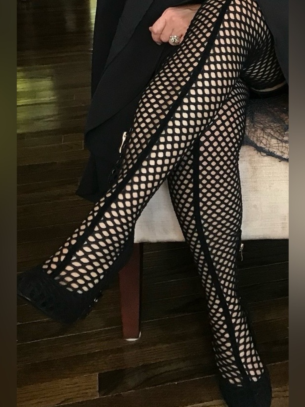 Black Fishnet Patterned Thigh-High Boots, size 7